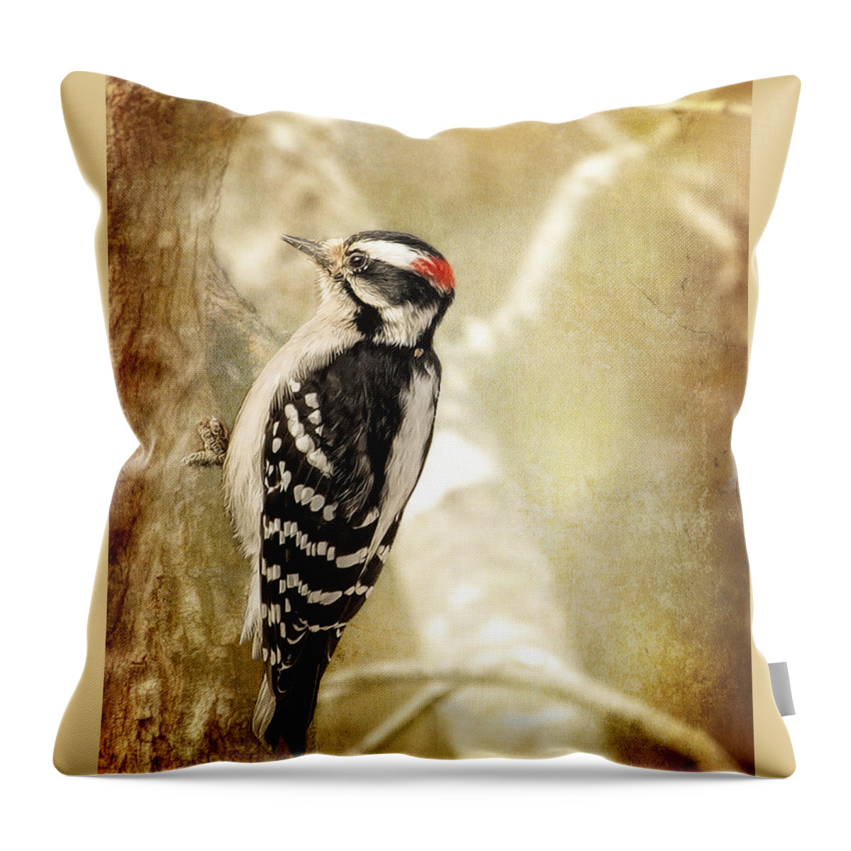 Bird Throw Pillow featuring the photograph Monday Morning Downy by Bill and Linda Tiepelman