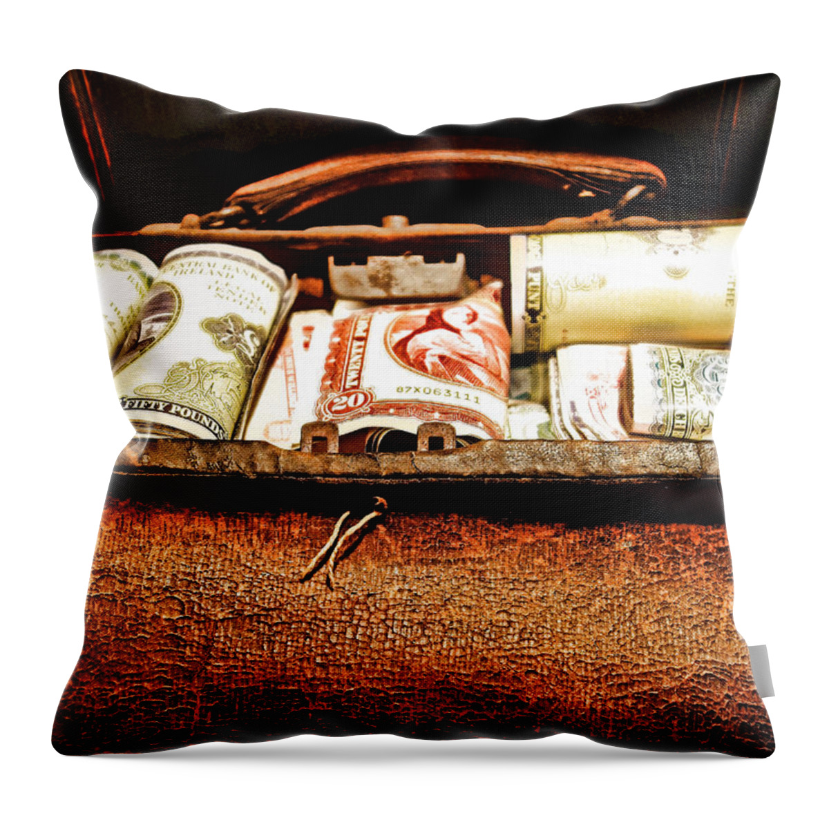 Old Leather Bag Filled With Money Throw Pillow featuring the photograph Money Bag by Joan Reese