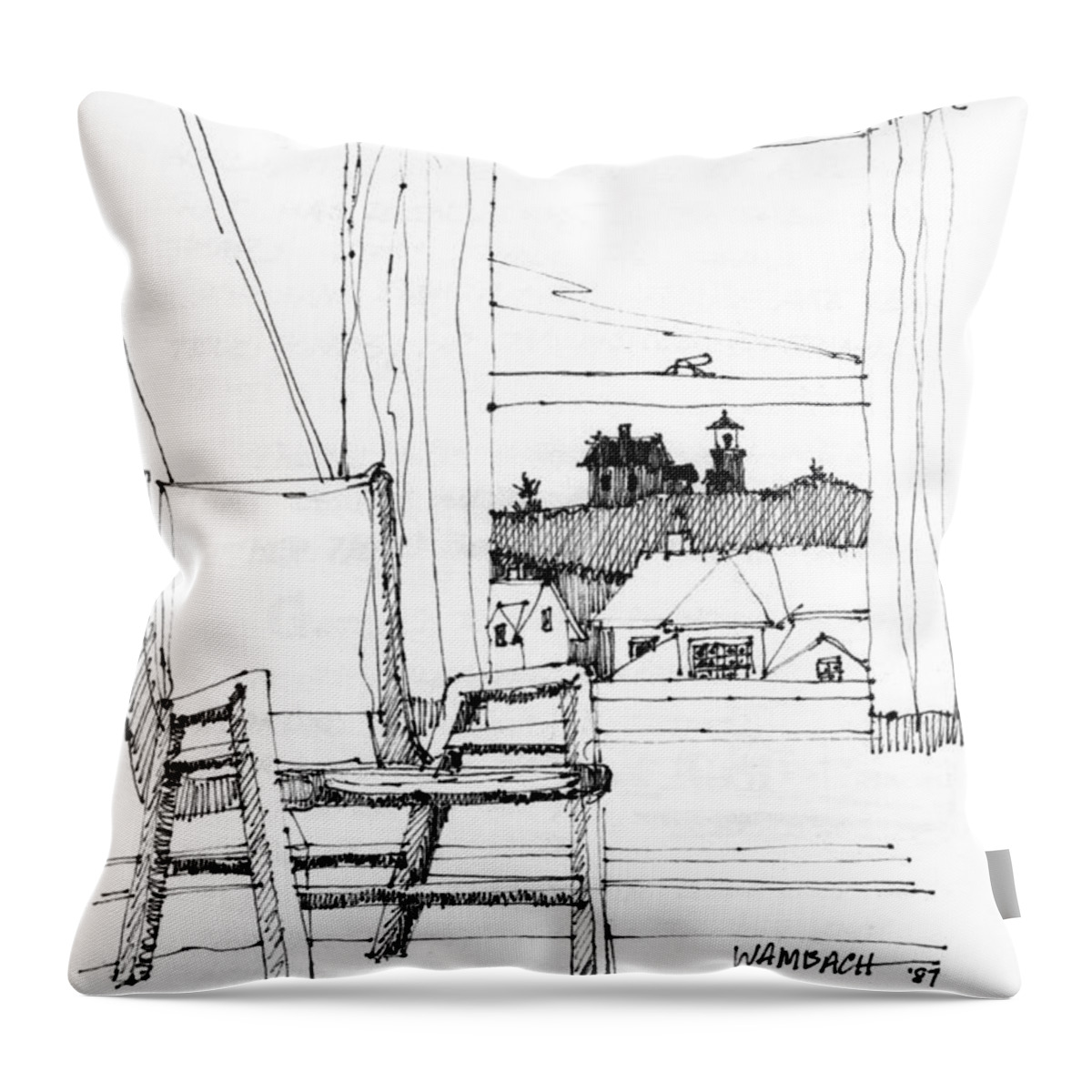 Monhegan Island Throw Pillow featuring the drawing Monhegan Dawn Island Inn by Richard Wambach