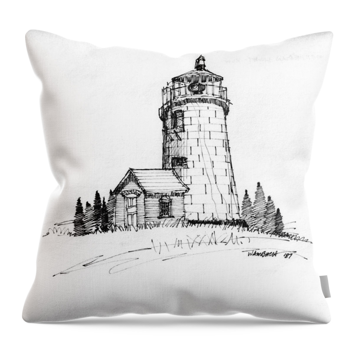 Monhegan Island Throw Pillow featuring the drawing Monhegan Lighthouse 1987 by Richard Wambach
