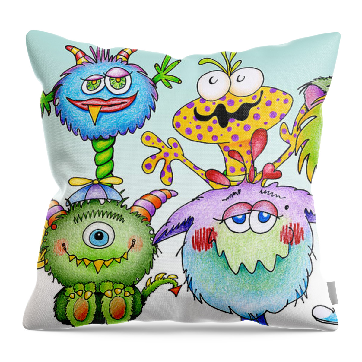 Color Pencil Throw Pillow featuring the painting Monster Friends by Annie Troe