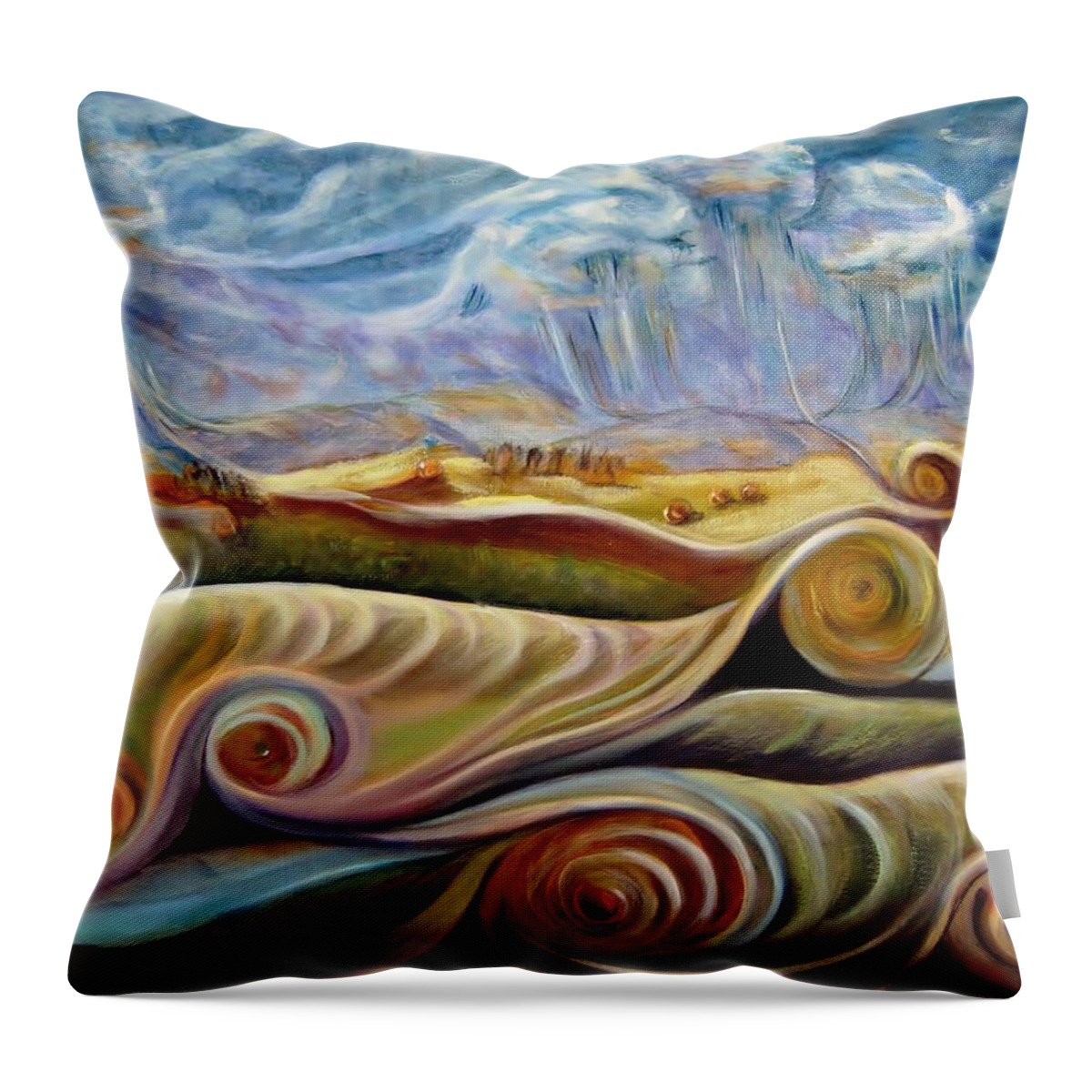 Curvismo Throw Pillow featuring the painting Montana Hay field by Sherry Strong