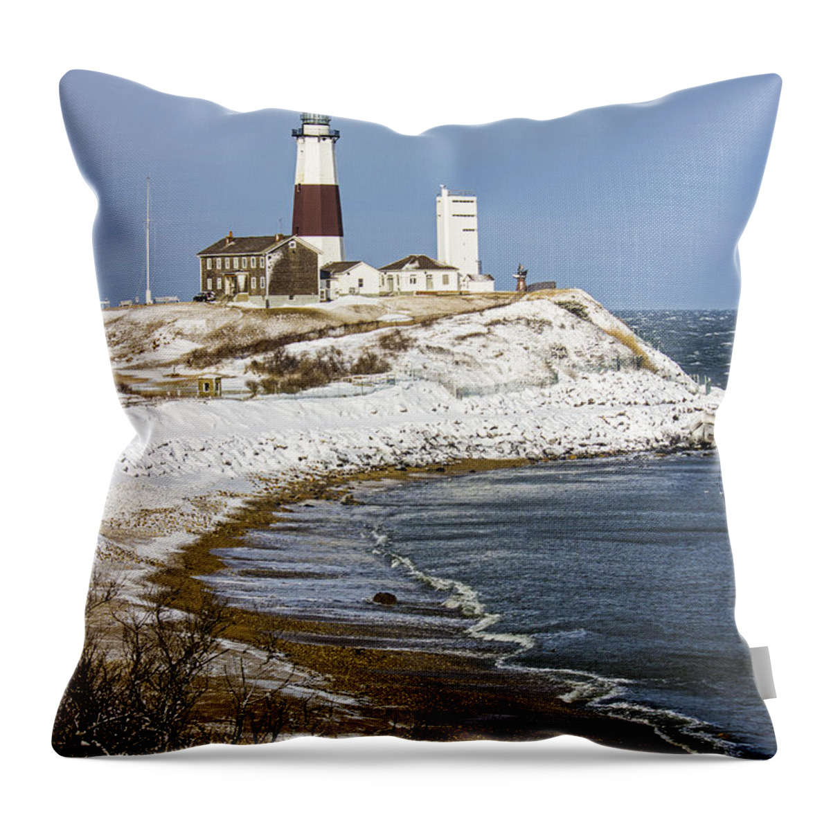 Montauk Point Lighthouse Throw Pillow featuring the photograph Montauk Snow by Robert Seifert