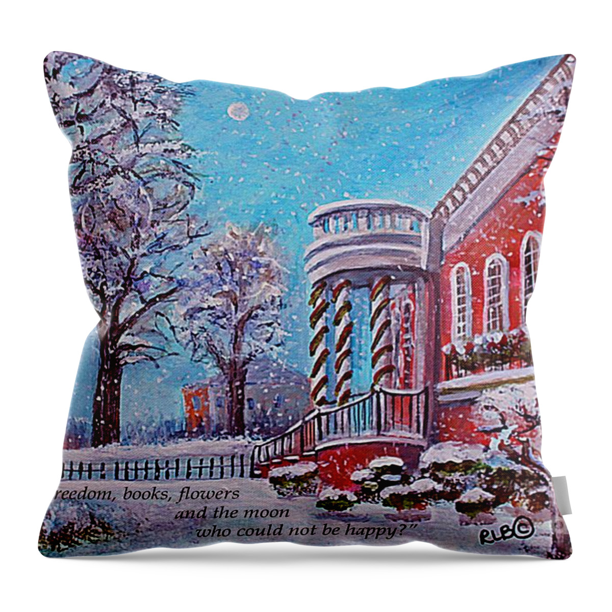 Waltham Throw Pillow featuring the painting Moon Over the Waltham Library by Rita Brown