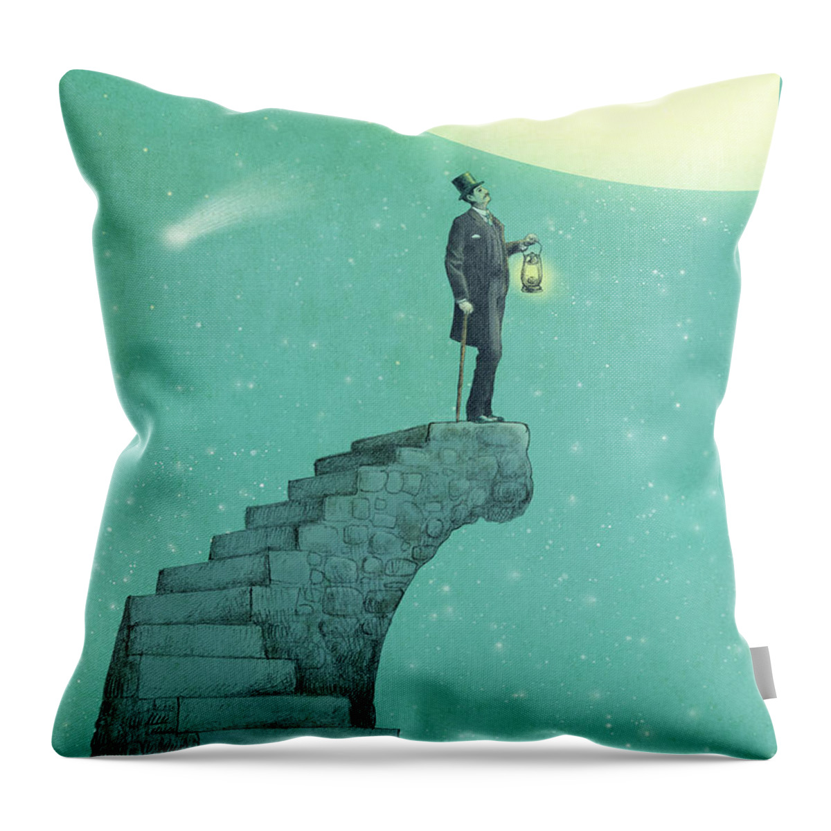 Moon Vintage Victorian Blue Green Stars Comet Top Hat Steps Staircase Astronomy Surreal Whimsical Dream Throw Pillow featuring the drawing Moon Steps by Eric Fan