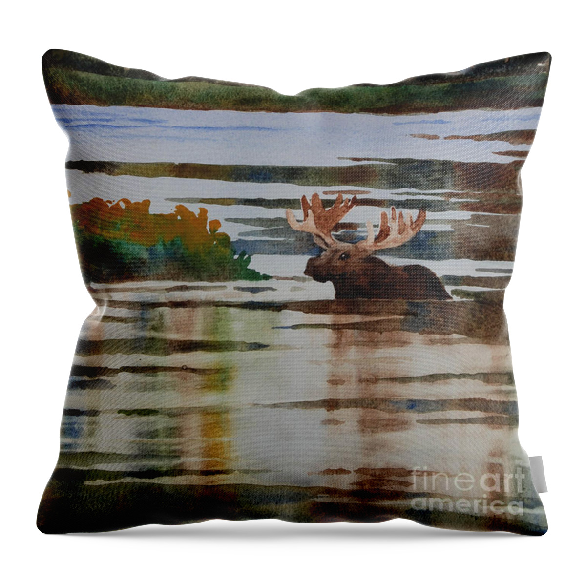 Moose Throw Pillow featuring the painting Moose feeding by Heidi E Nelson