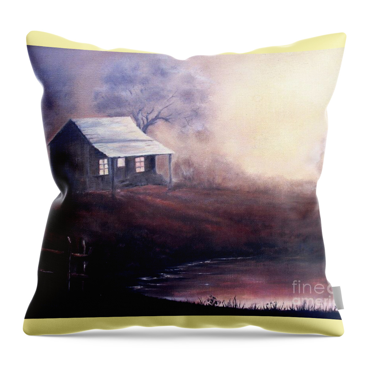 Old Cabin Throw Pillow featuring the painting Morning Reflections by Hazel Holland