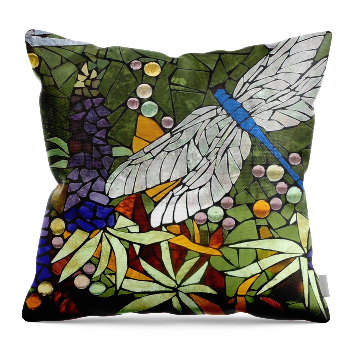 Dragonfly Throw Pillow featuring the glass art Mosaic Stained Glass - Lupins and dragonfly by Catherine Van Der Woerd