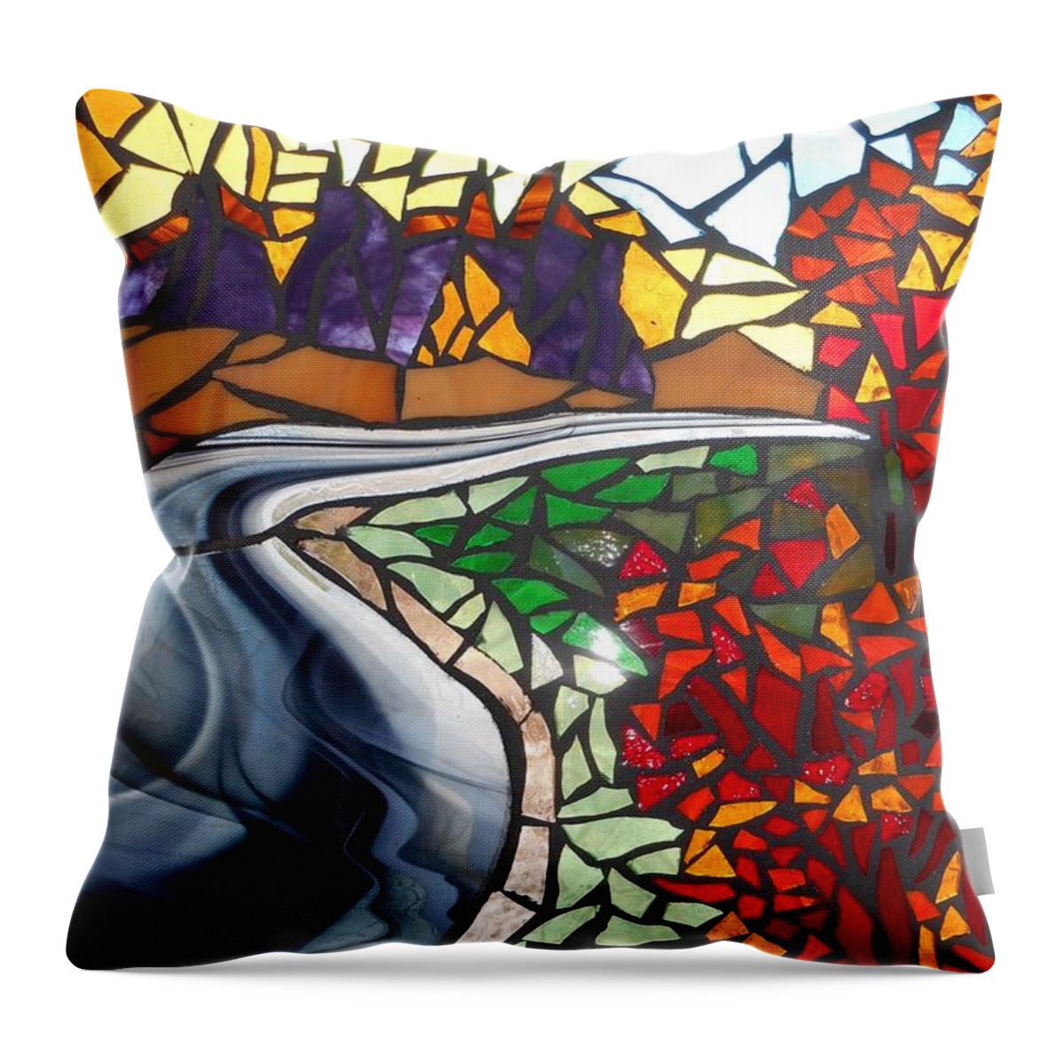 Road Throw Pillow featuring the glass art Mosaic Stained Glass - Road to Bear River by Catherine Van Der Woerd