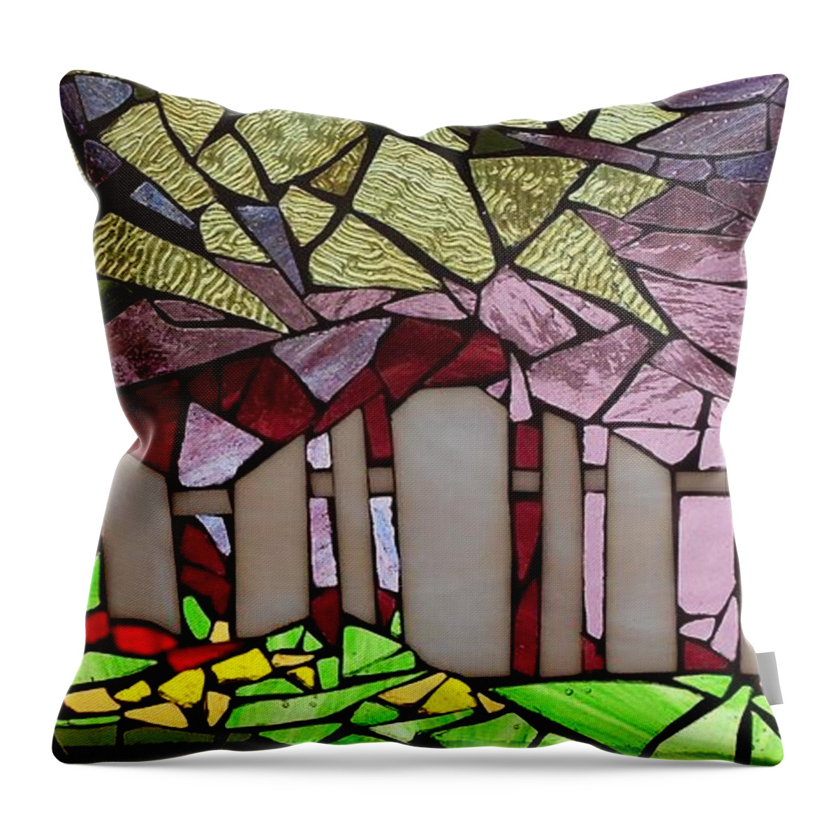 Fence Throw Pillow featuring the glass art Mosaic Stained Glass - The Garden Fence by Catherine Van Der Woerd