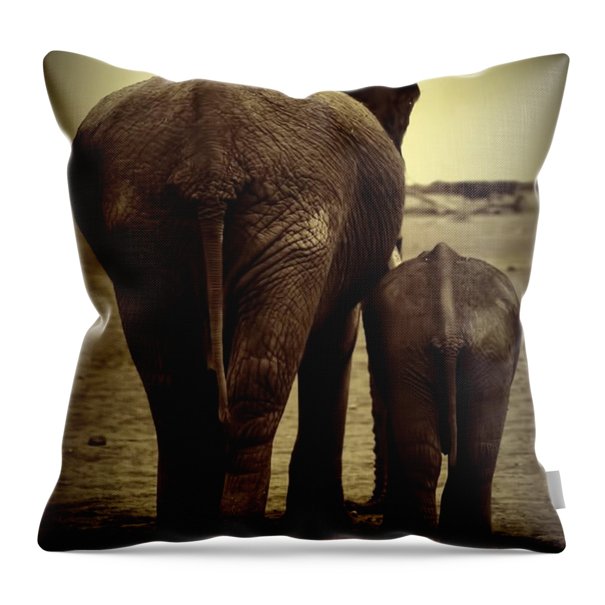 Mother And Baby Elephant Throw Pillow featuring the photograph Mother And Baby Elephant In Black And White by Amanda Stadther