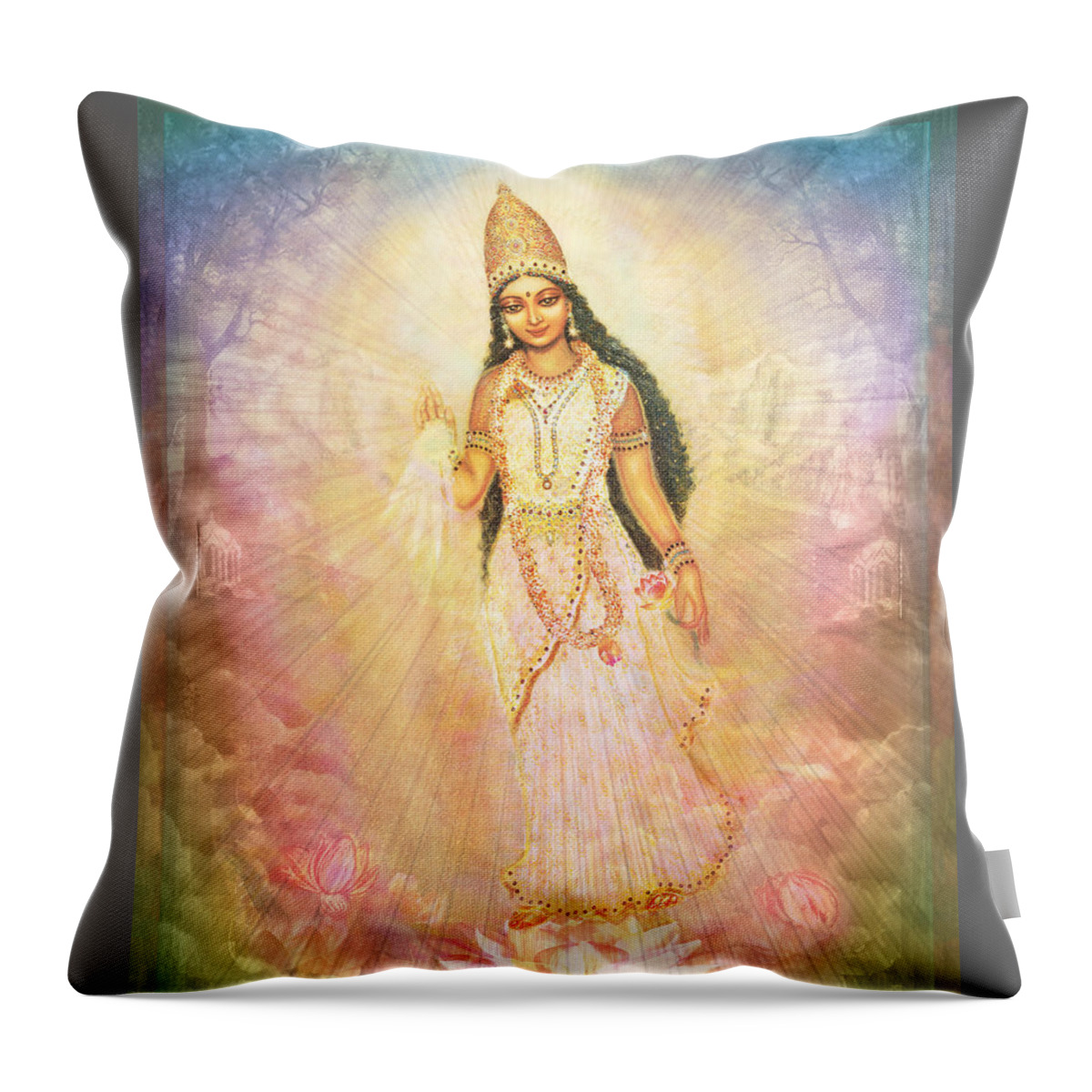Goddess Painting Throw Pillow featuring the mixed media Mother Goddess in Rainbow Colours by Ananda Vdovic