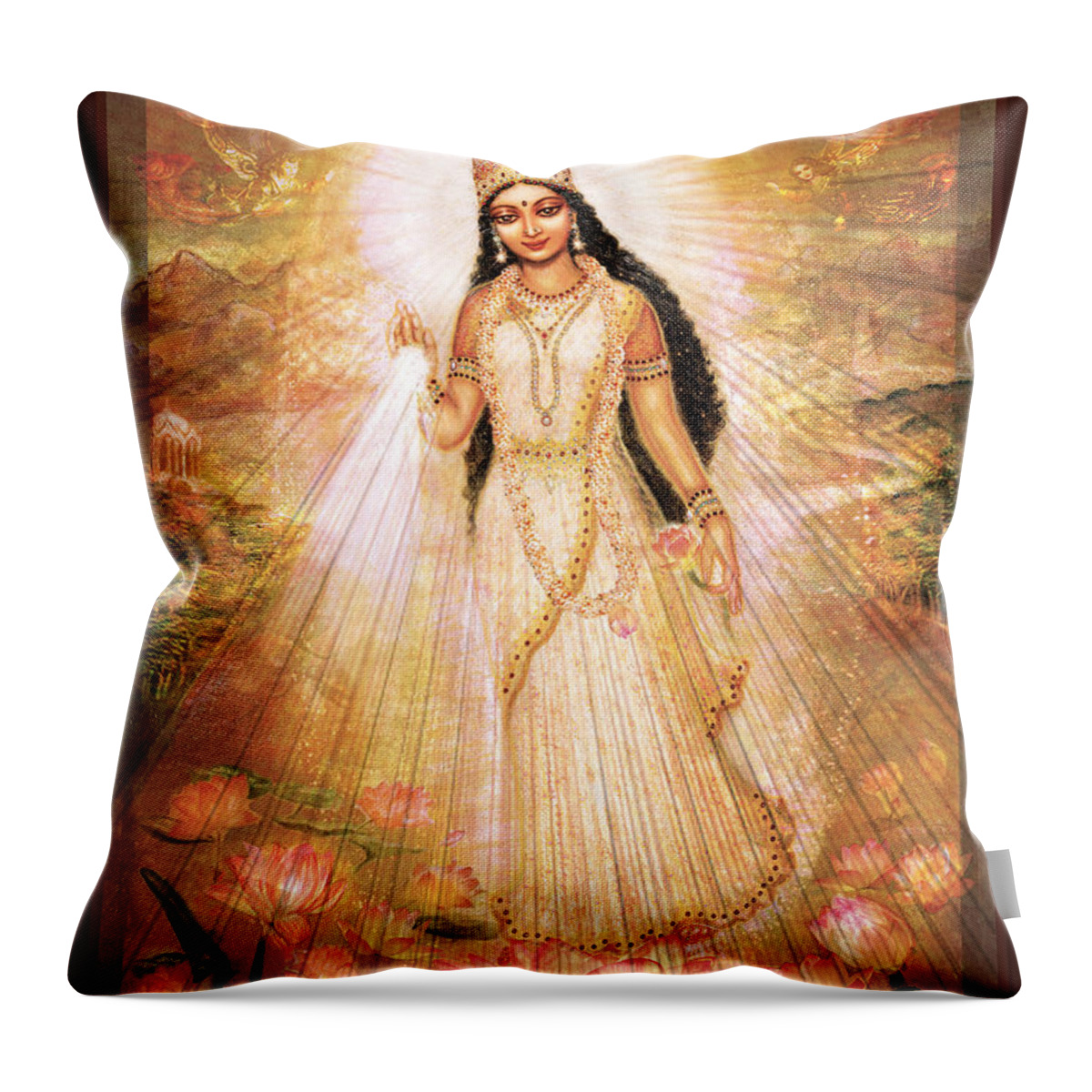Goddess Painting Throw Pillow featuring the mixed media Mother Goddess with Angels by Ananda Vdovic