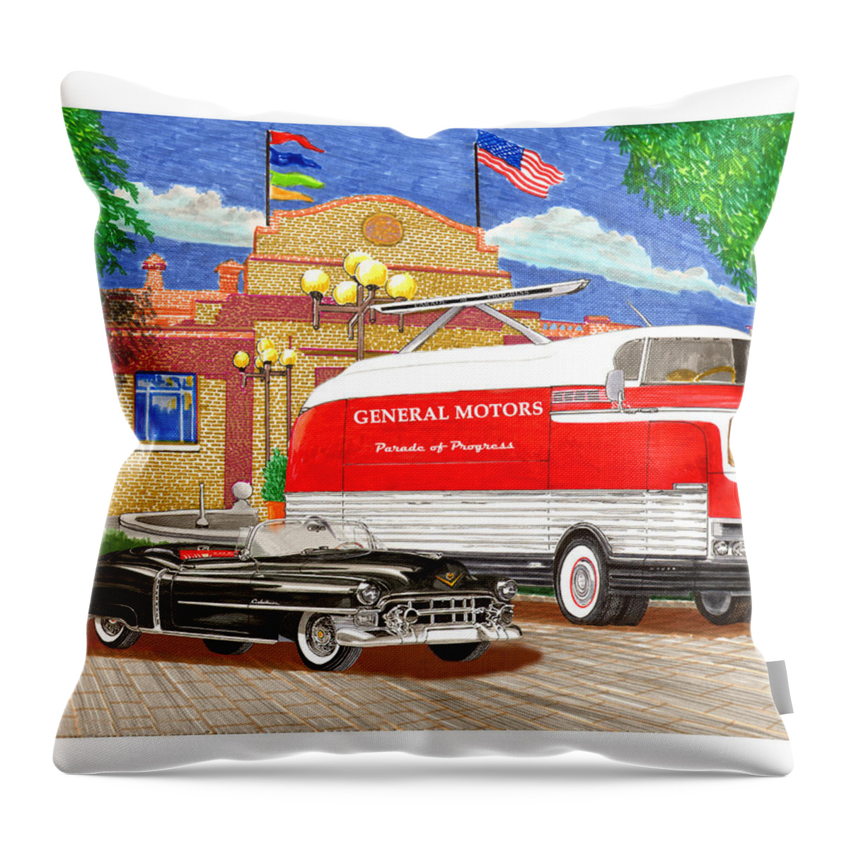 Framed Art Prints Of 1953 General Motors Parade Of Progress Custom Bus Throw Pillow featuring the painting Motorama General Motors mobile showroom on tour by Jack Pumphrey