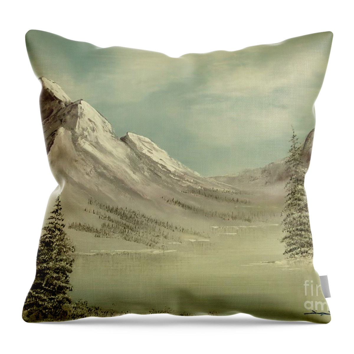 Mountain Throw Pillow featuring the painting Mountain Lake Winter Scene by Tim Townsend