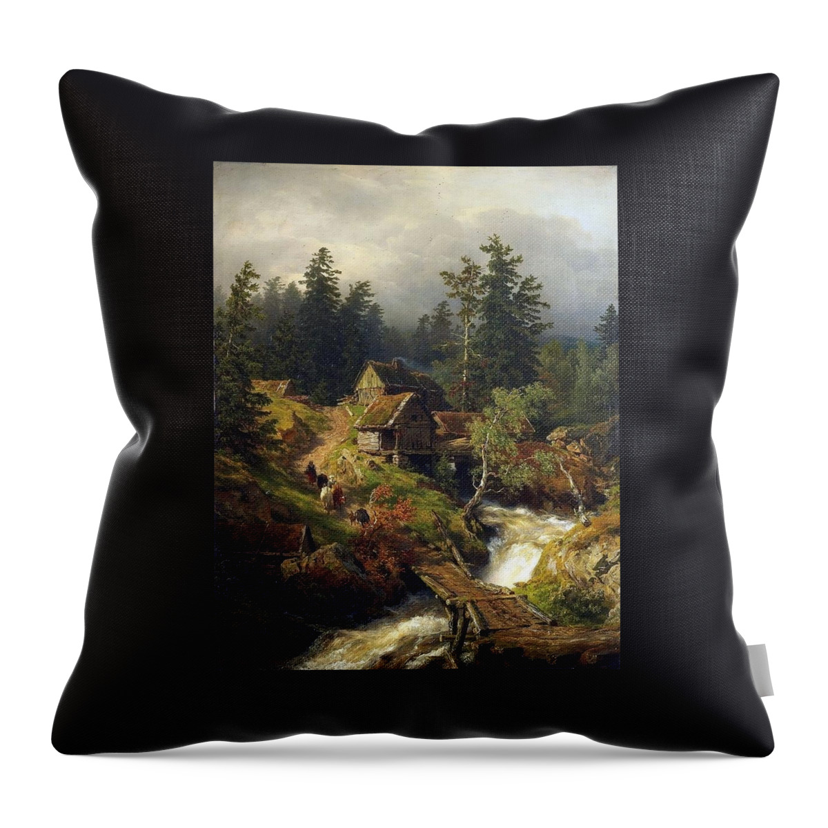 Andreas Achenbach Throw Pillow featuring the painting Mountain Landscape with Torrent and Water-mill by MotionAge Designs