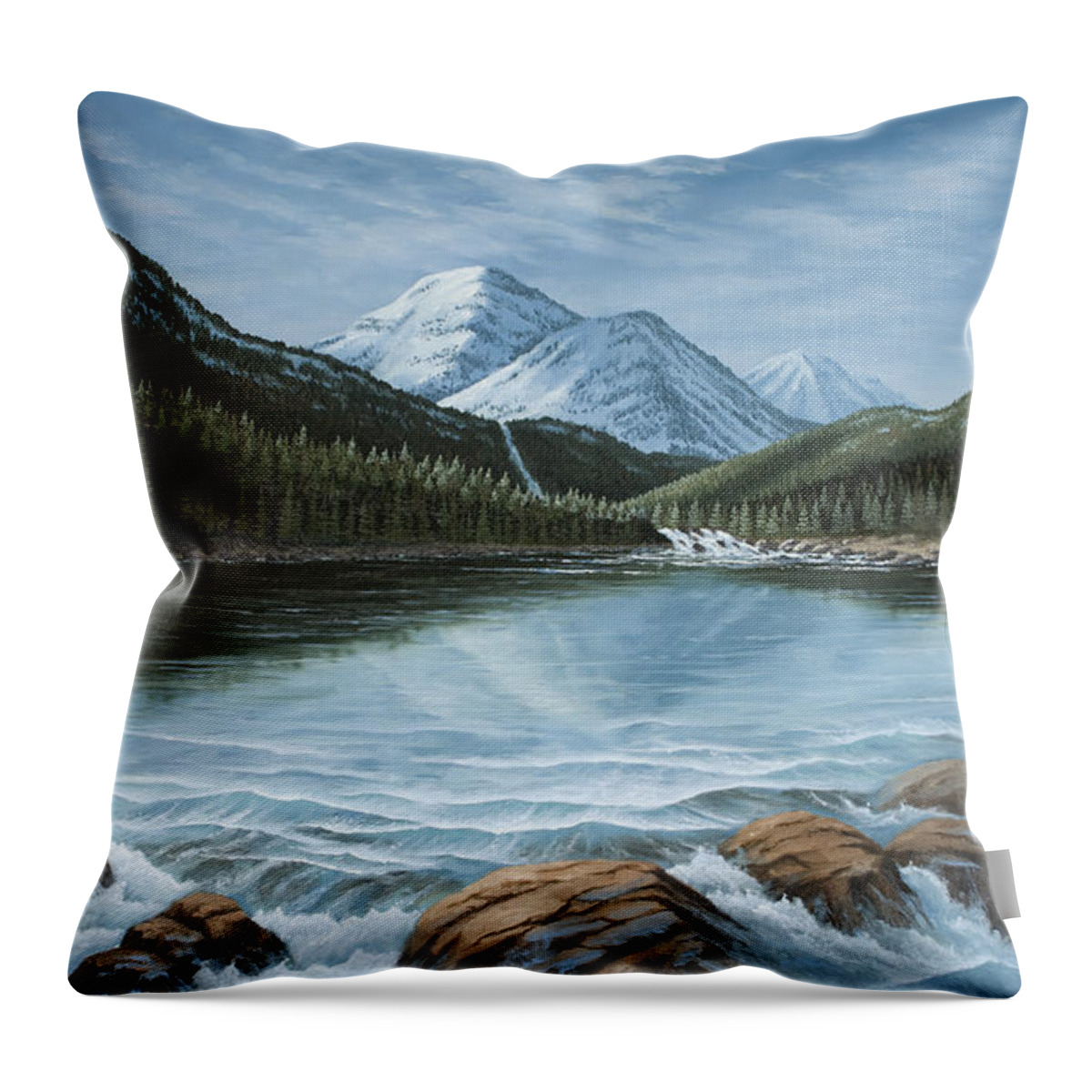 Mountains Throw Pillow featuring the painting Mountain Paradise by Del Malonee