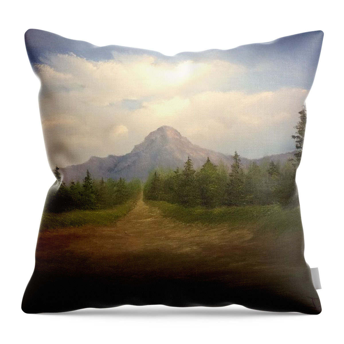Landscape. Oil Painting. Mountains Sky. Clouds. Evergreens. Throw Pillow featuring the painting Mountain run road by Justin Wozniak