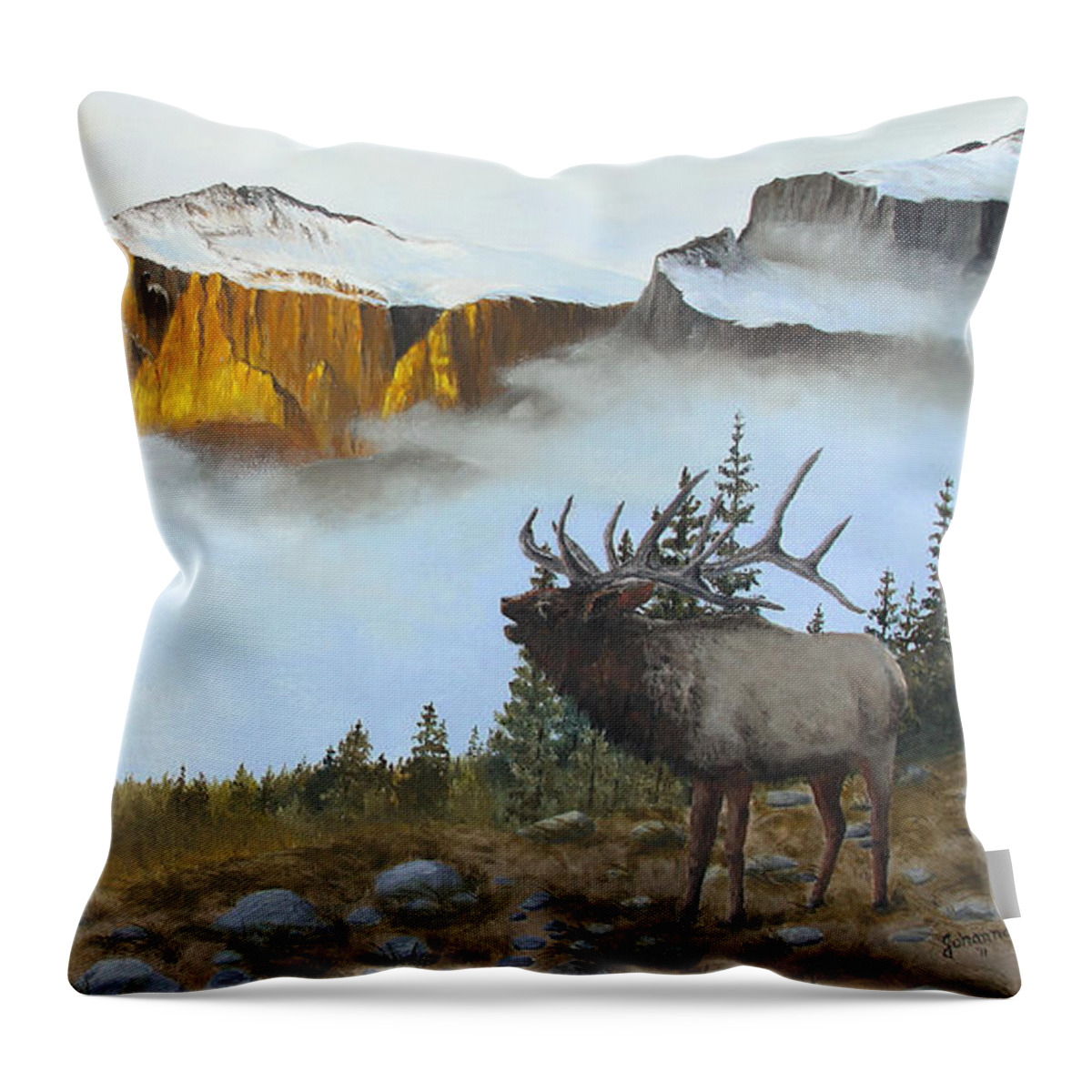 North American Wildlife Throw Pillow featuring the painting Mountain Sunrise Echoes by Johanna Lerwick