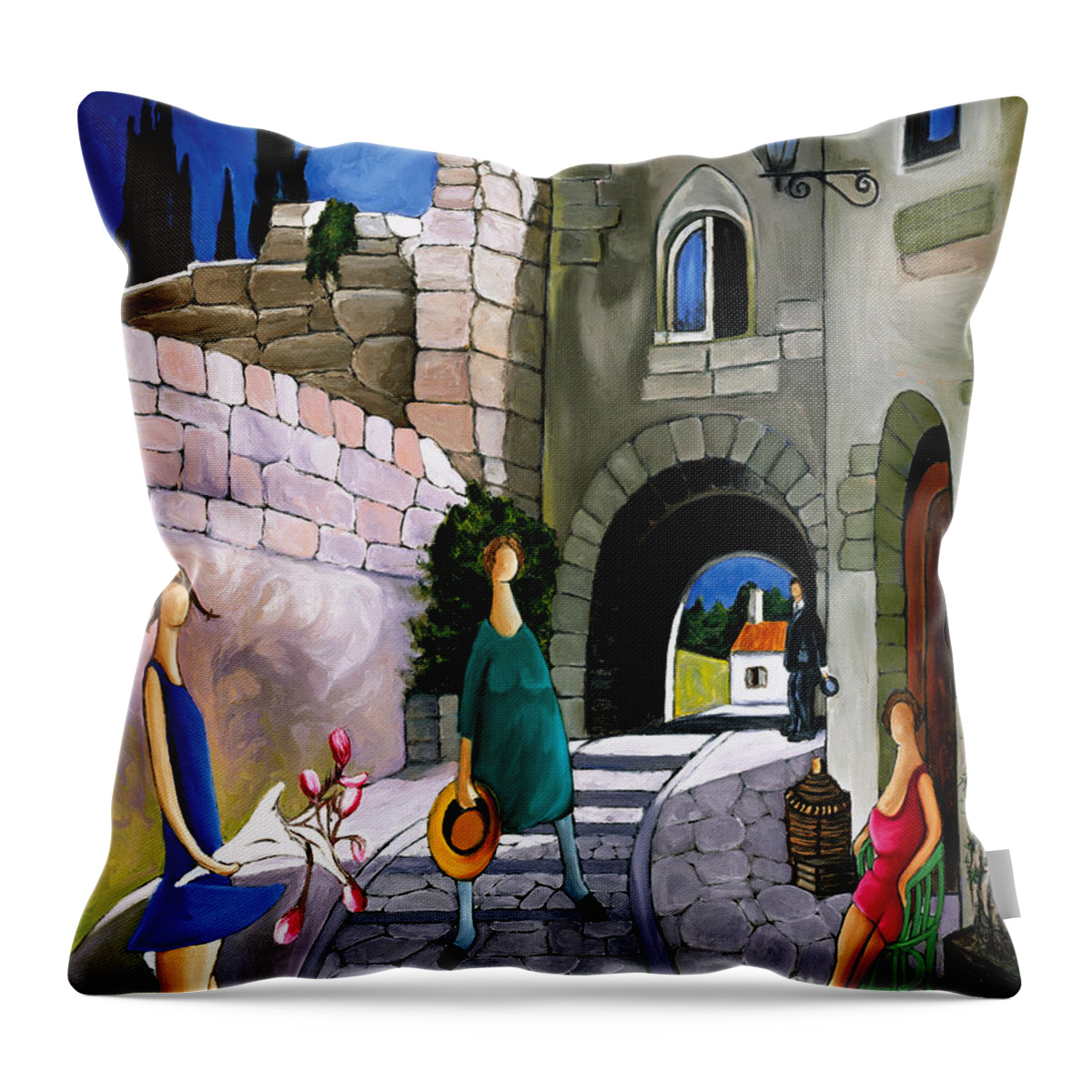 Mediterranean Village Life Throw Pillow featuring the painting MOUNTAIN VILLAGE Art print by William Cain