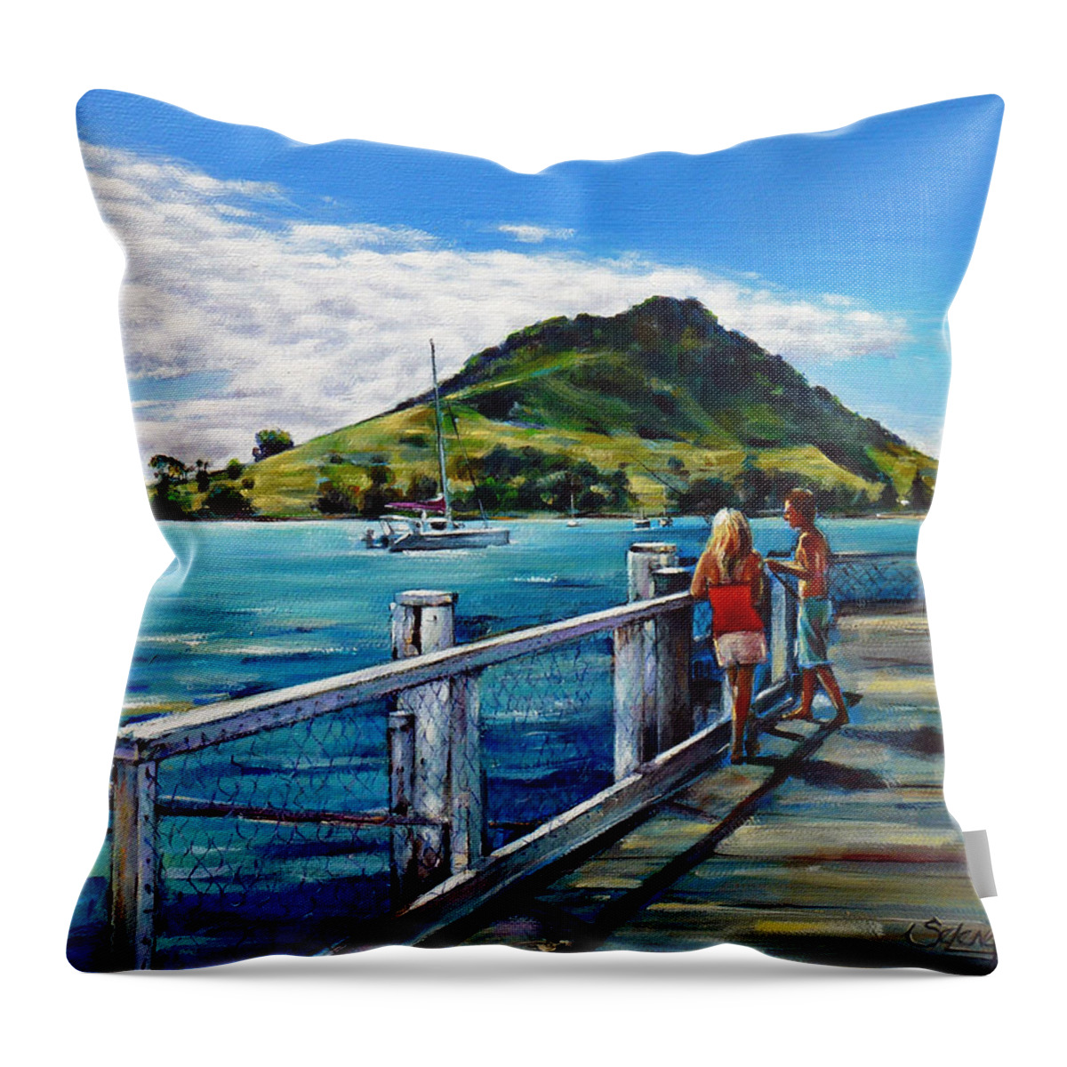 Pier Throw Pillow featuring the painting Mt Maunganui Pier 140114 by Selena Boron