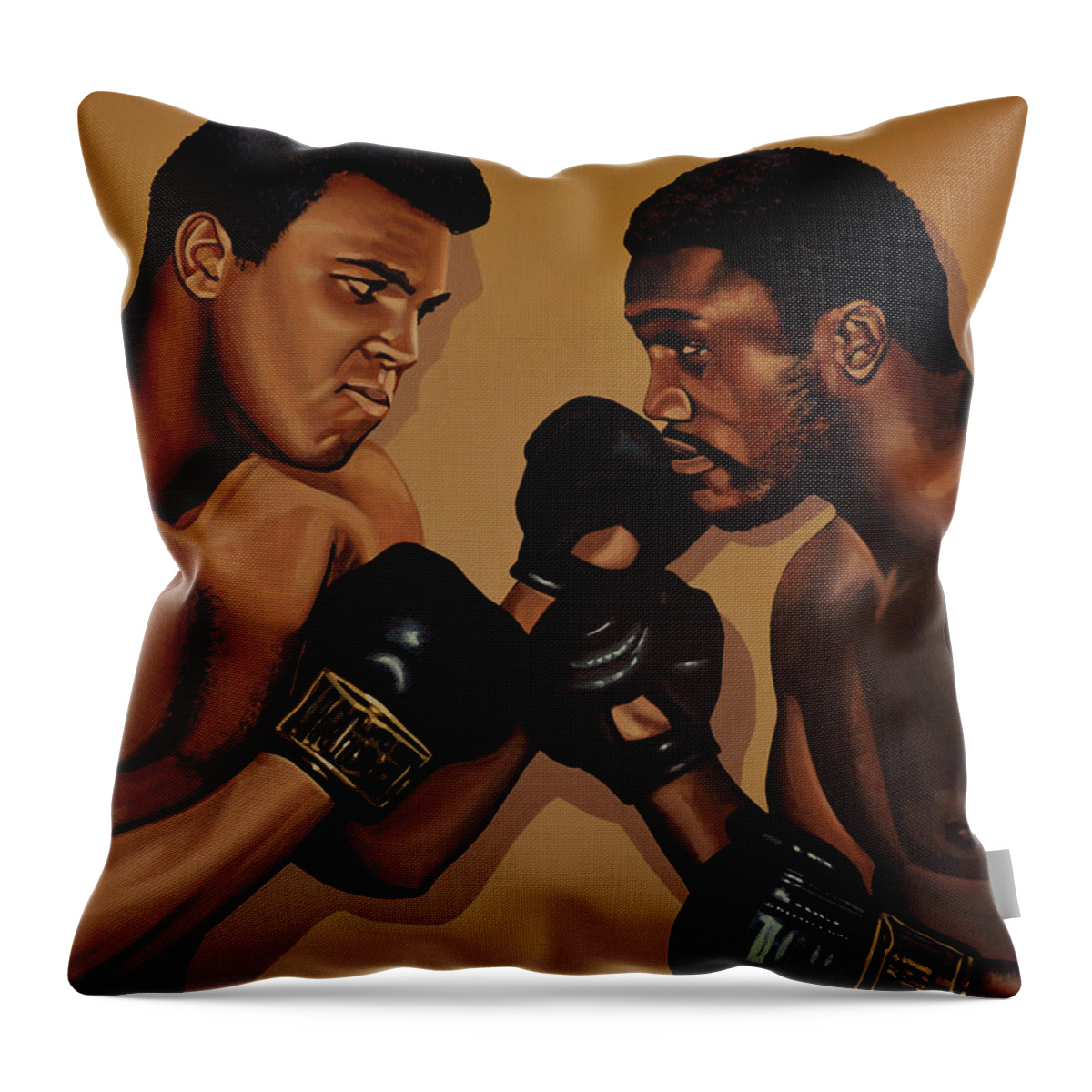 Mohammed Ali Versus Joe Frazier Throw Pillow featuring the painting Muhammad Ali and Joe Frazier by Paul Meijering