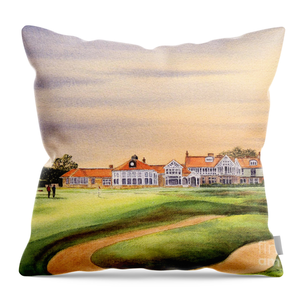 Golf Throw Pillow featuring the painting Muirfield Golf Course 18th Green by Bill Holkham