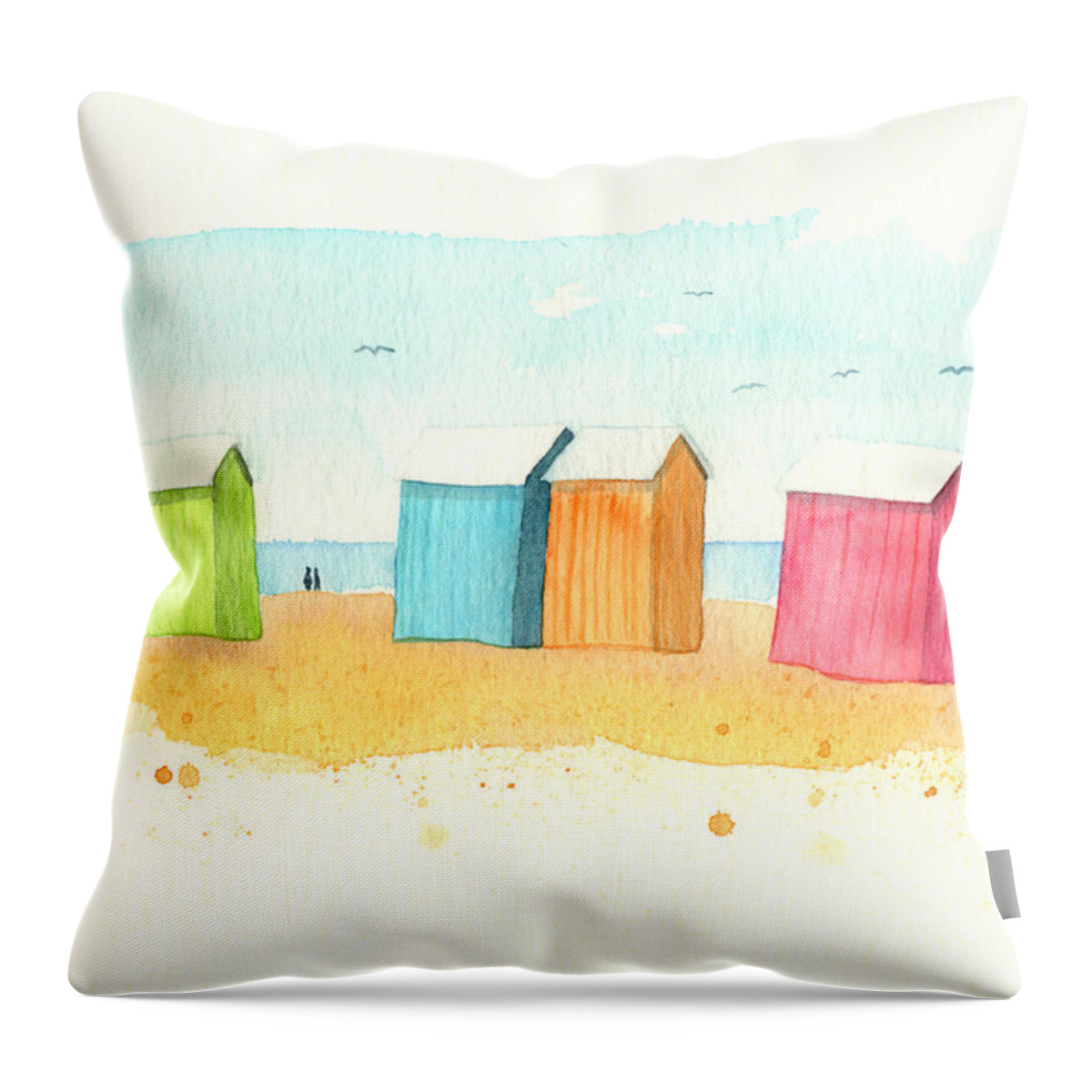 Watercolor Painting Throw Pillow featuring the digital art Multi Colored Beach Huts by Nautic By Nature. Watercolor Illustrations From The Seaside