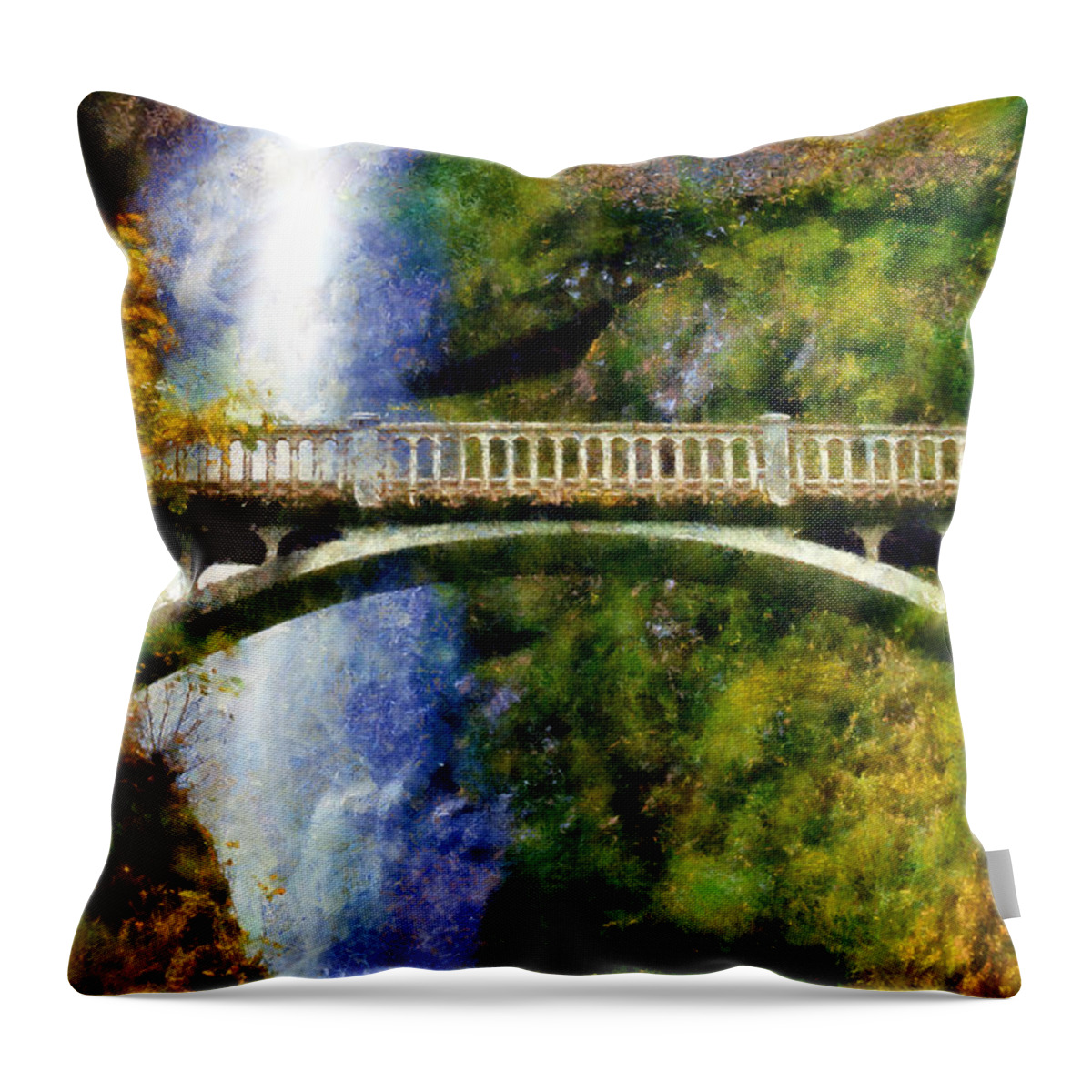 Multnomah Falls Bridge Throw Pillow featuring the digital art Multnomah Falls Bridge by Kaylee Mason