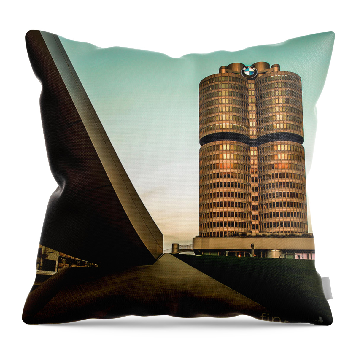 Architecture Throw Pillow featuring the photograph munich - BMW office - vintage by Hannes Cmarits