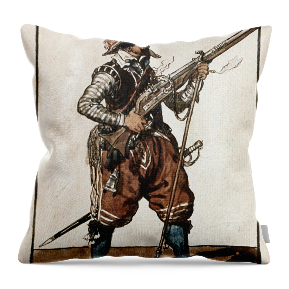 1608 Throw Pillow featuring the drawing Musketeer, 1608 by Granger