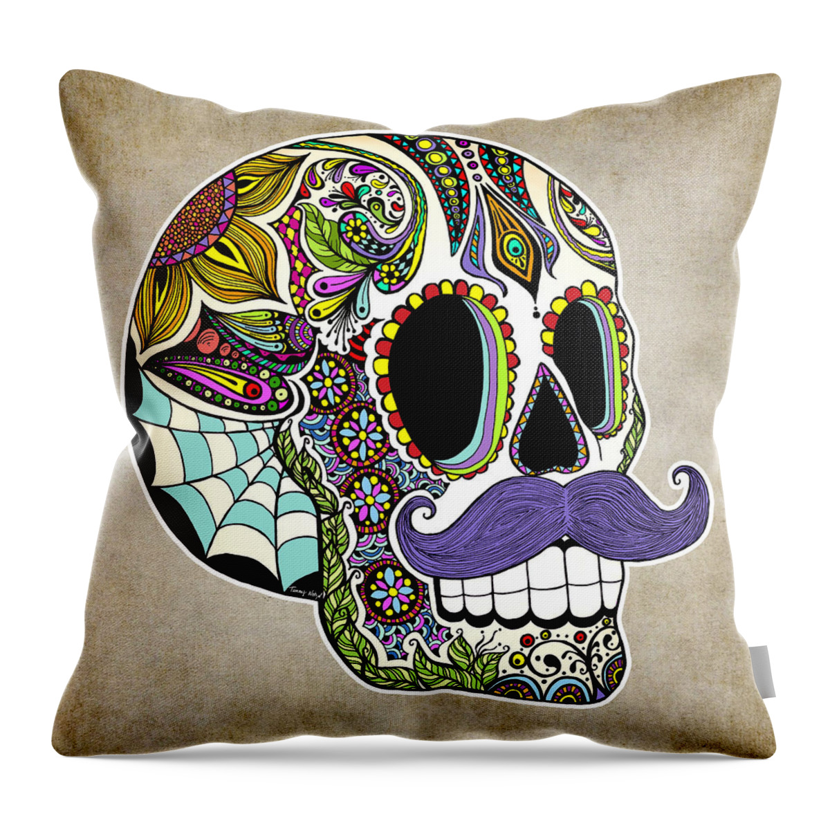 Vintage Throw Pillow featuring the digital art Mustache Sugar Skull Vintage Style by Tammy Wetzel