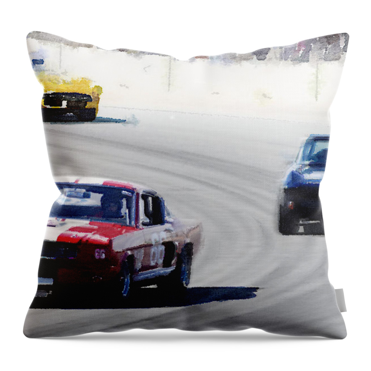 Mustang Throw Pillow featuring the painting Mustang and Corvette Racing Watercolor by Naxart Studio