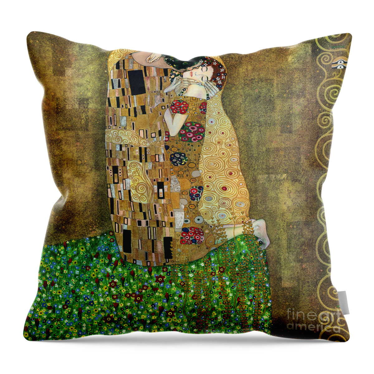 Acrylic Throw Pillow featuring the painting My acrylic painting as an interpretation of the famous artwork of Gustav Klimt The Kiss - Yakubovich by Elena Daniel Yakubovich