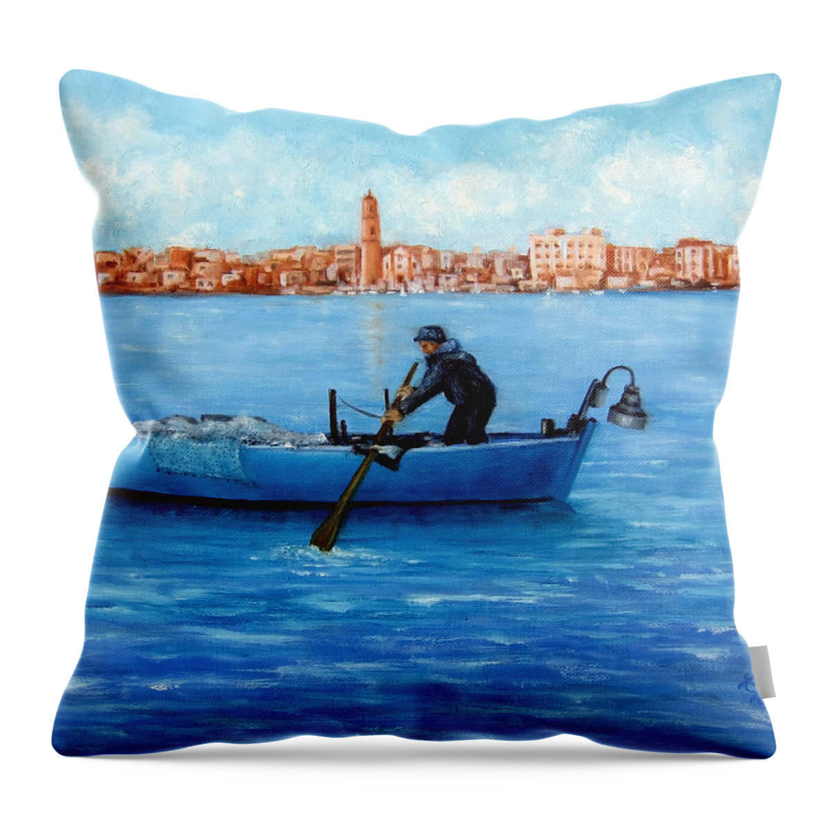 Italian Fisherman Throw Pillow featuring the painting The Fisherman from Mola di Bari by Leonardo Ruggieri