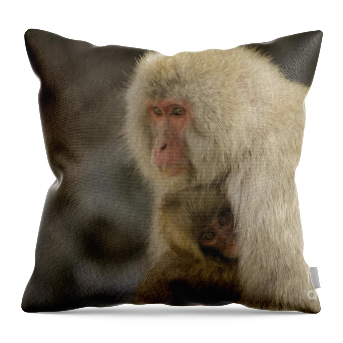 Japan Throw Pillow featuring the painting My Momma Snow Monkey by Robyn Saunders