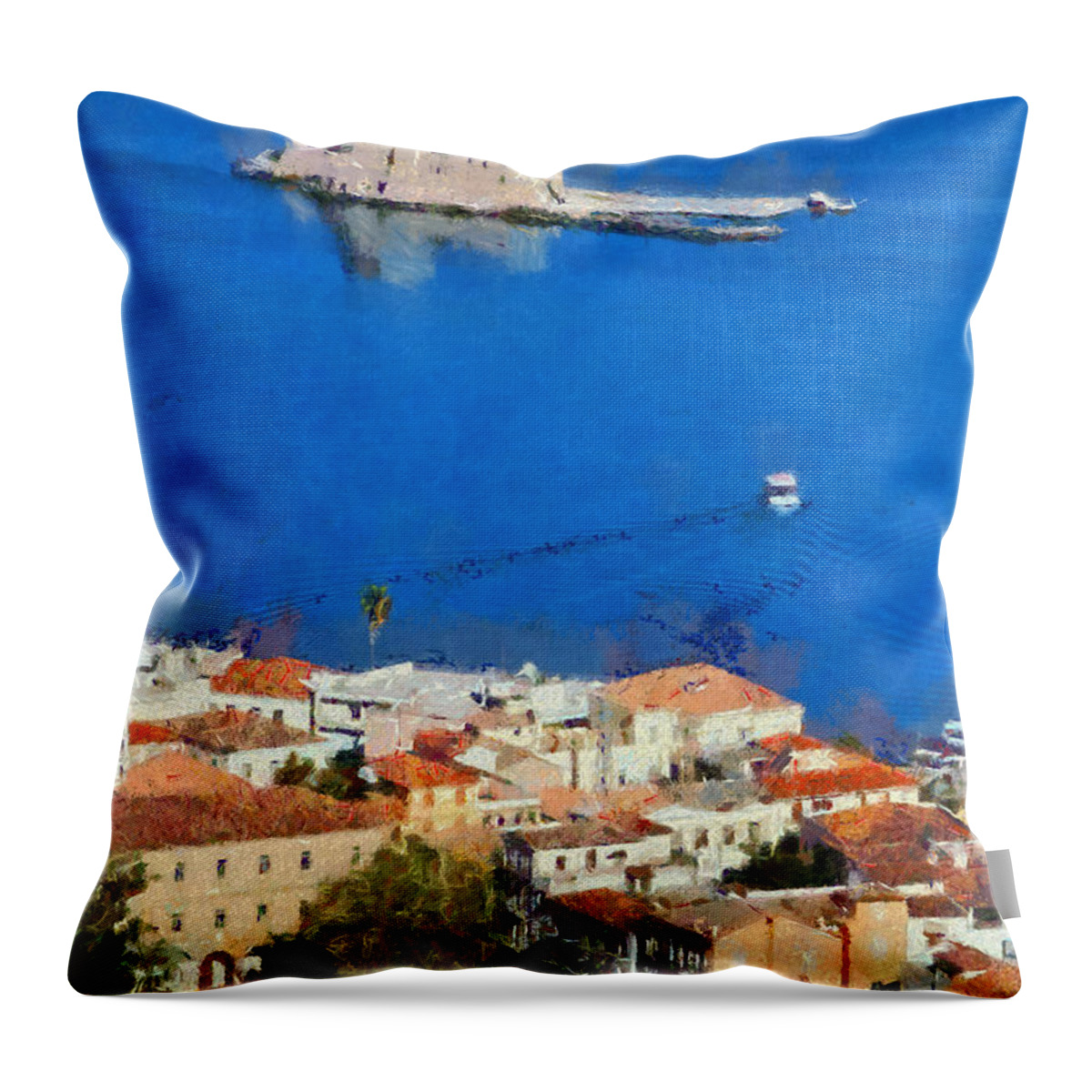 Bourtzi Throw Pillow featuring the painting Nafplio and Bourtzi fortress by George Atsametakis