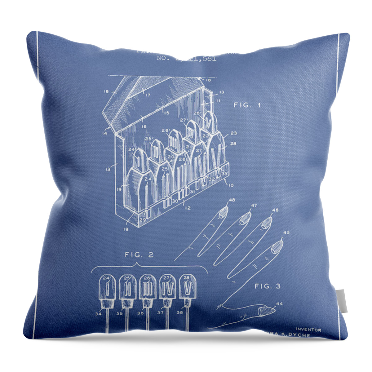 Nail Polish Throw Pillow featuring the digital art Nail Polish Kit patent from 1955 - Light Blue by Aged Pixel