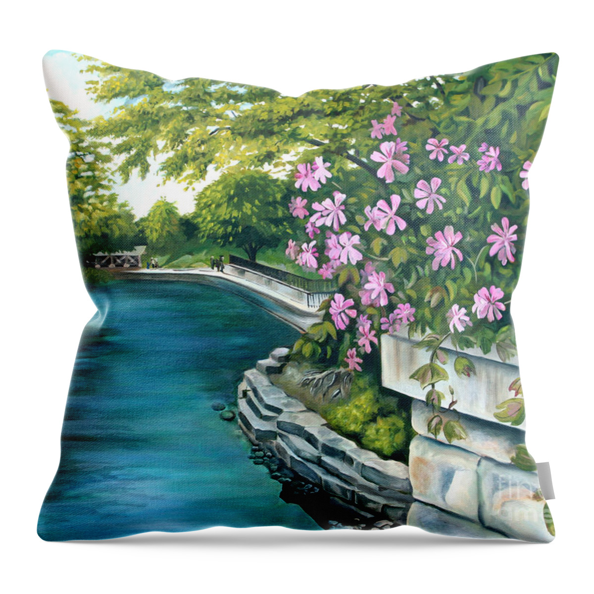 Landscape Throw Pillow featuring the painting Naperville Riverwalk by Debbie Hart