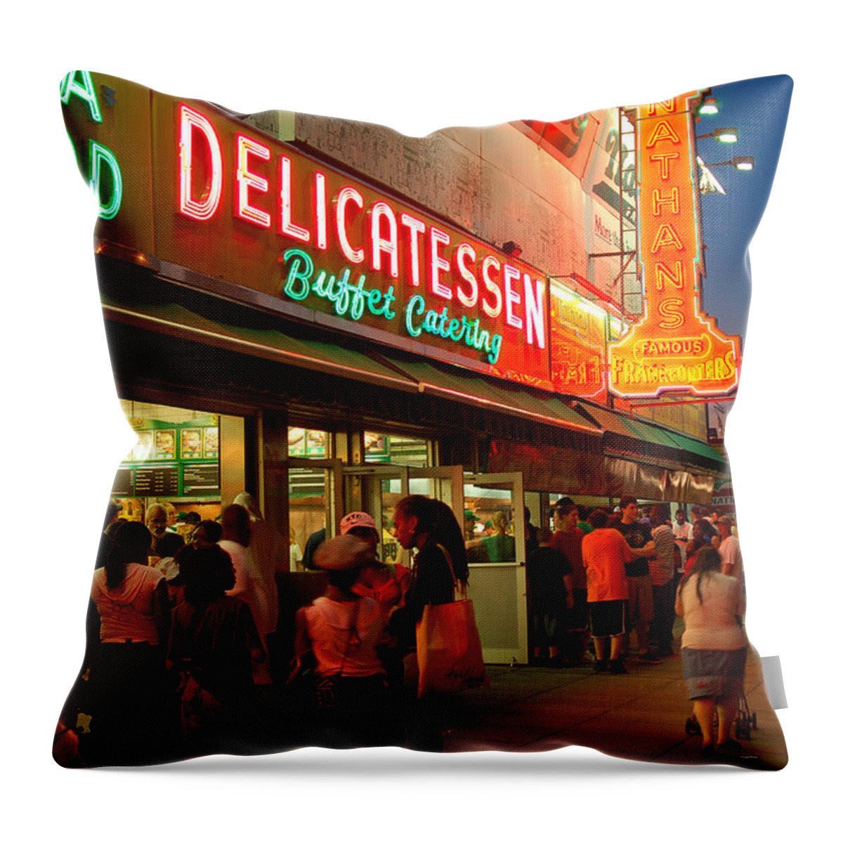 Nathans Throw Pillow featuring the photograph Nathans Coney Island by James Kirkikis