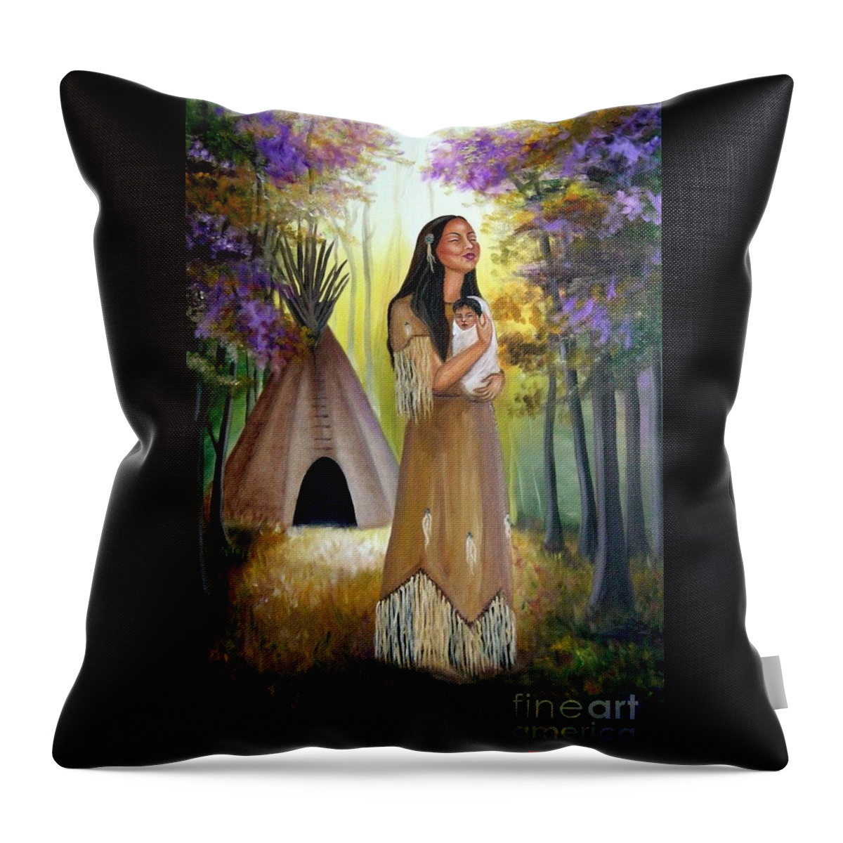 Native American Throw Pillow featuring the painting Native American Mother and Child by Lora Duguay