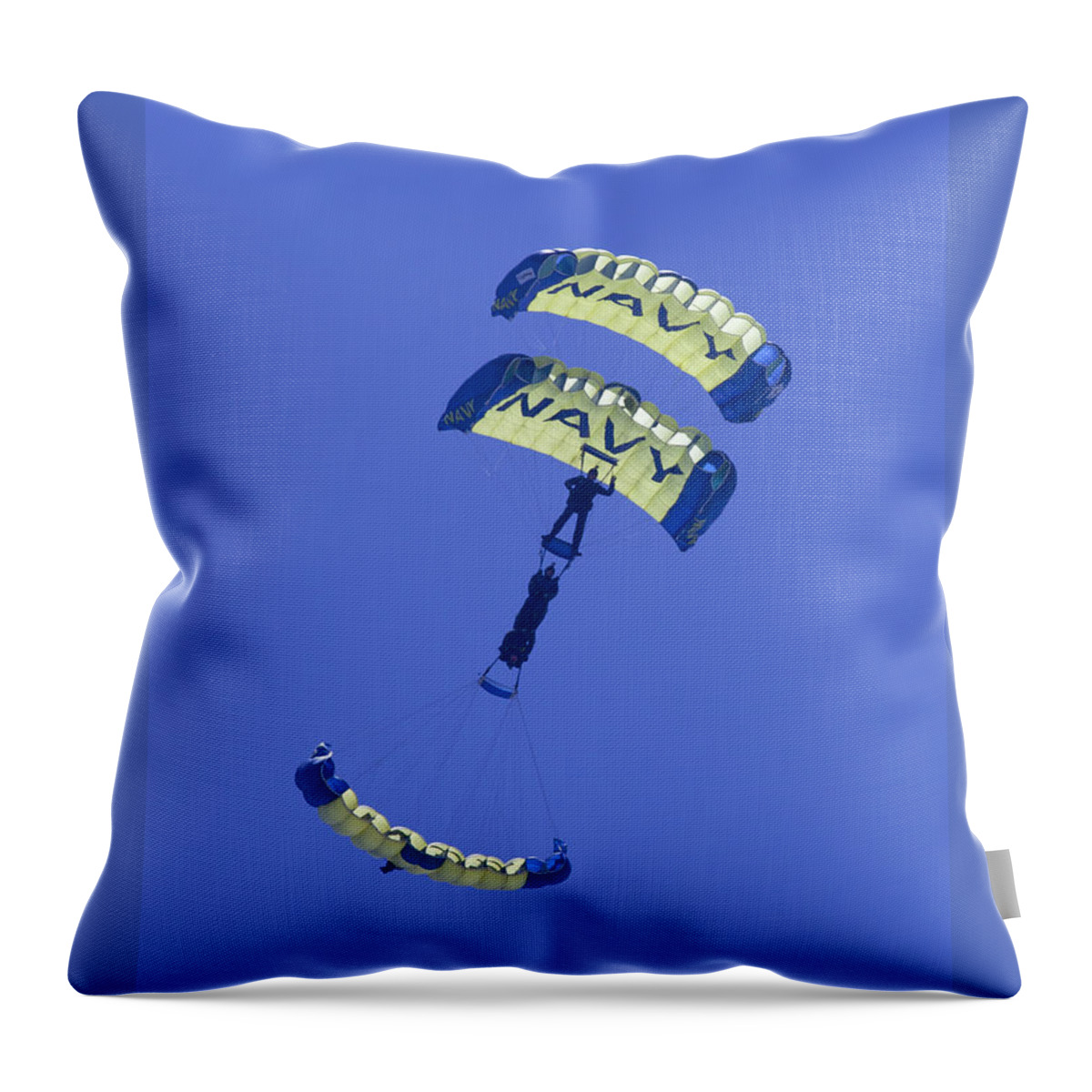 Oc Air Show Throw Pillow featuring the photograph Navy Seals Leap Frogs One Upside Down by Donna Corless