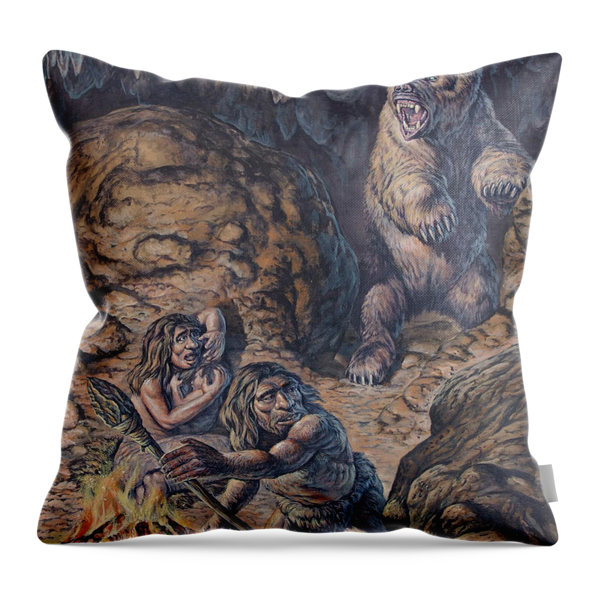 Vertical Throw Pillow featuring the digital art Neanderthal Humans Confronted By A Cave by Mark Hallett