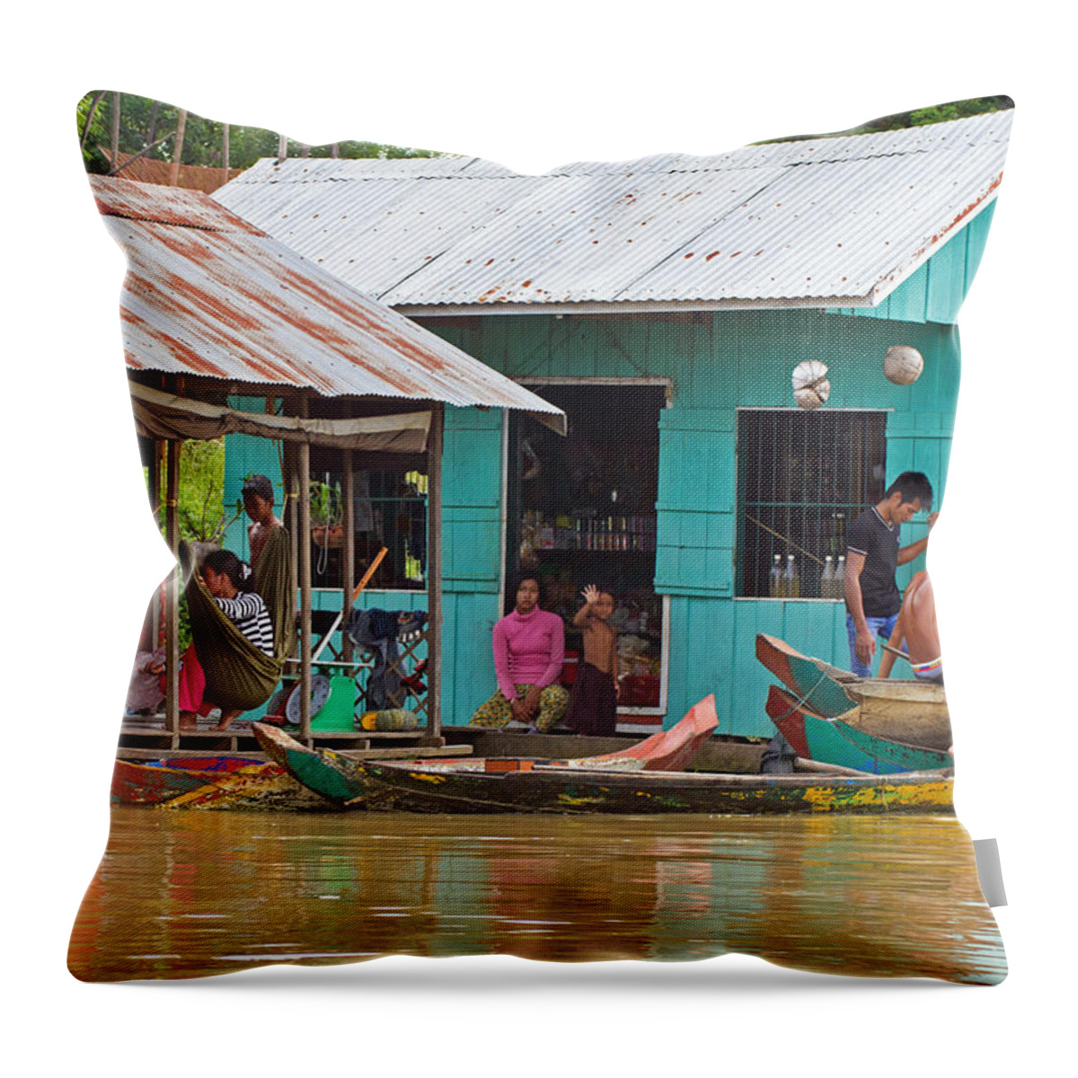 Cambodia Throw Pillow featuring the photograph Neighbors on the river by David Freuthal