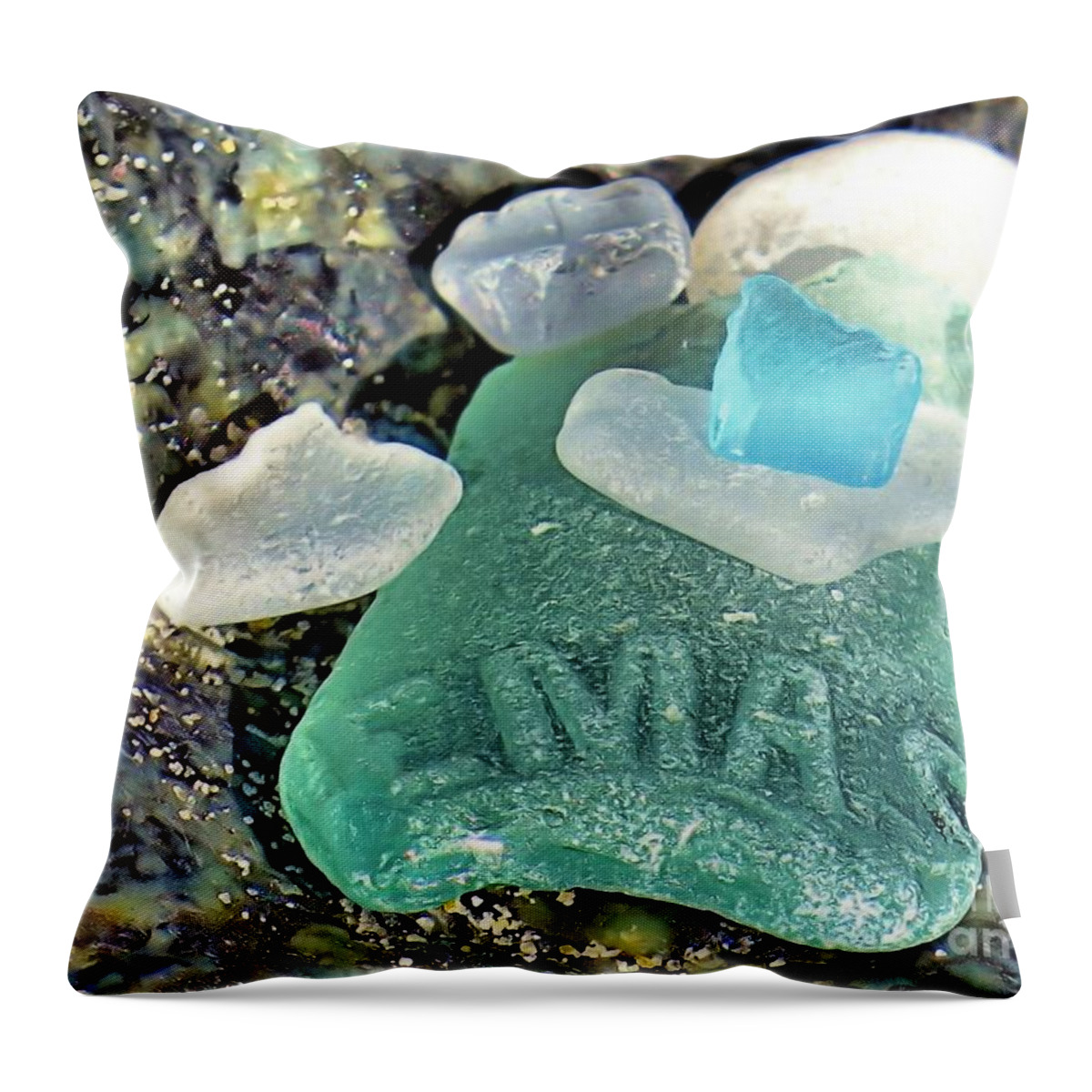 Nemasket Bottle Sea Glass Throw Pillow featuring the photograph Nemasket Bottle Sea Glass by Janice Drew