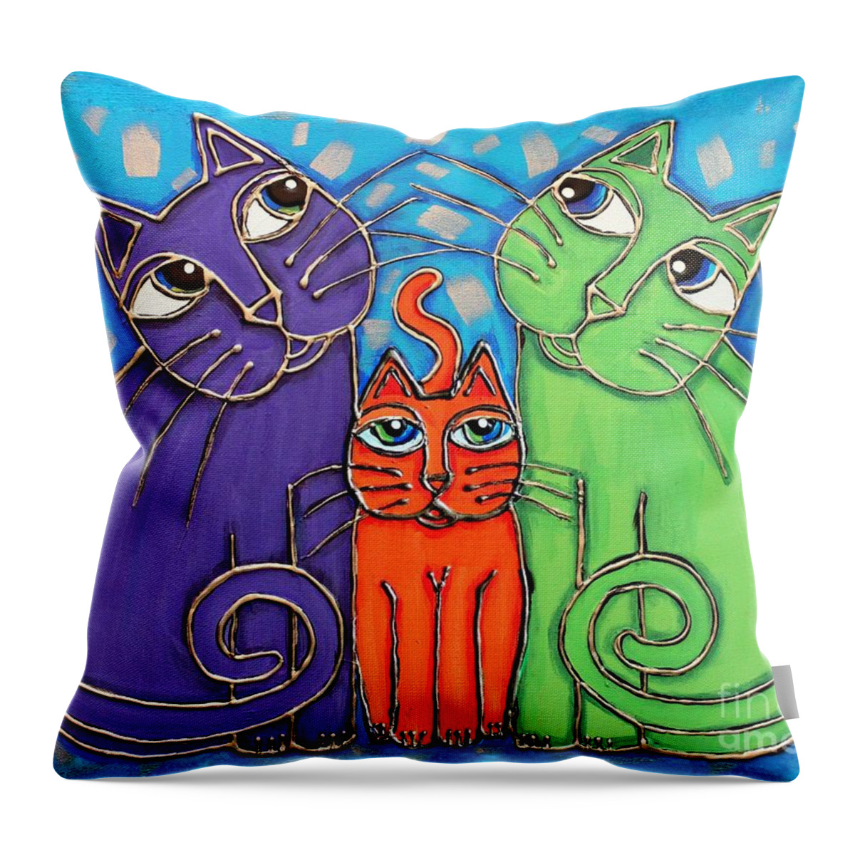 Neon Throw Pillow featuring the painting Neon Cat Trio #1 by Cynthia Snyder