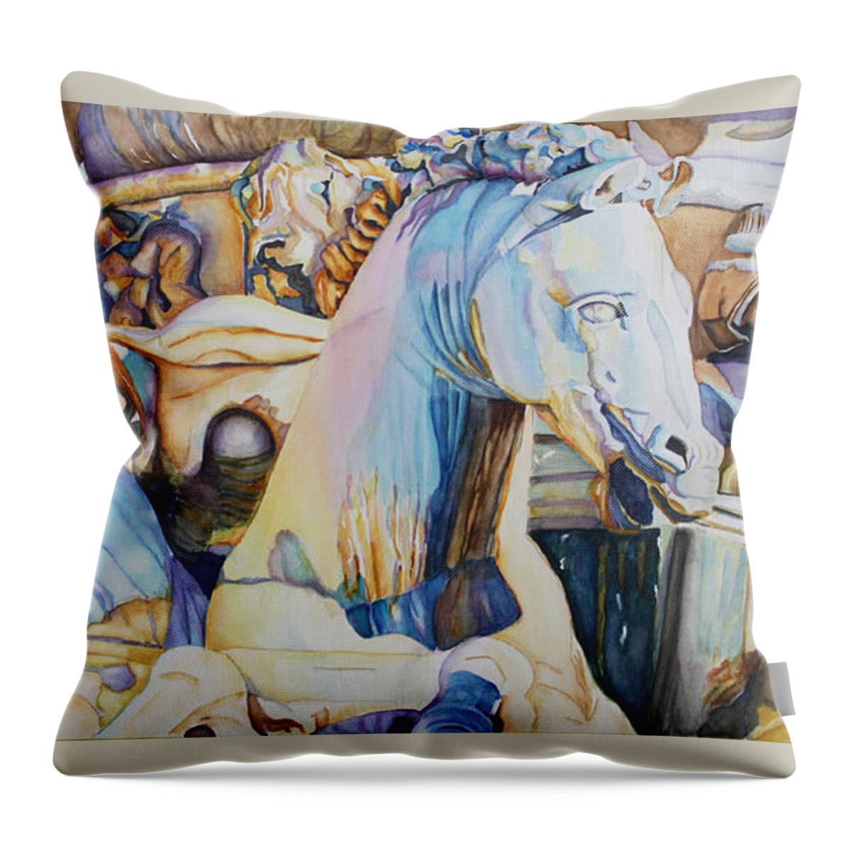 Watercolor Throw Pillow featuring the painting Neptune's Sea Horses - Florence by Christiane Kingsley