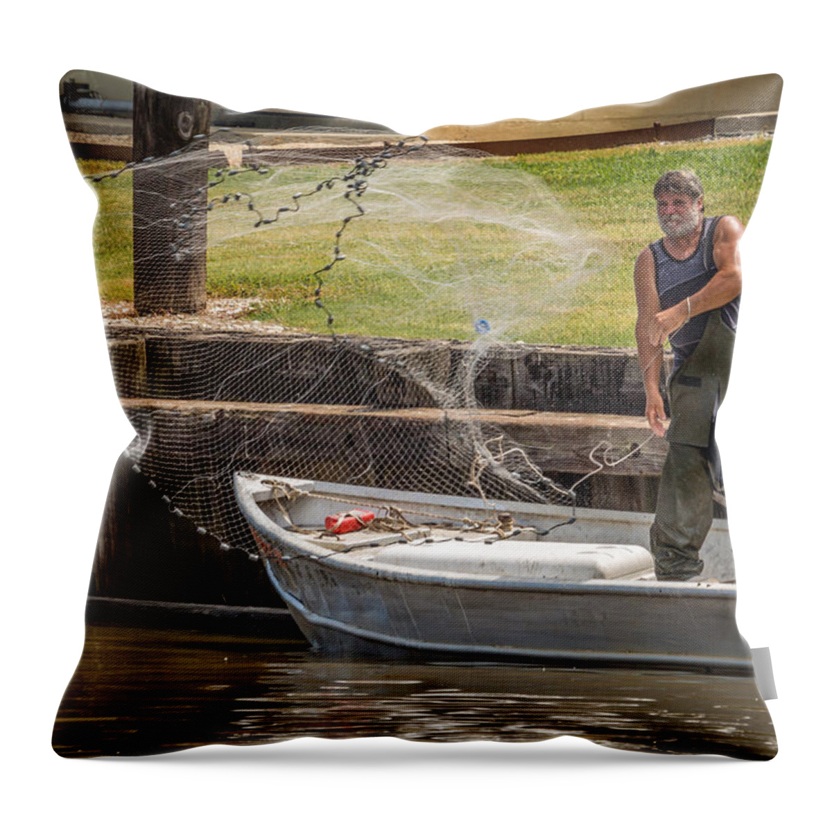 Net Throw Pillow featuring the photograph Net Fishing in Delcambre LA by Gregory Daley MPSA