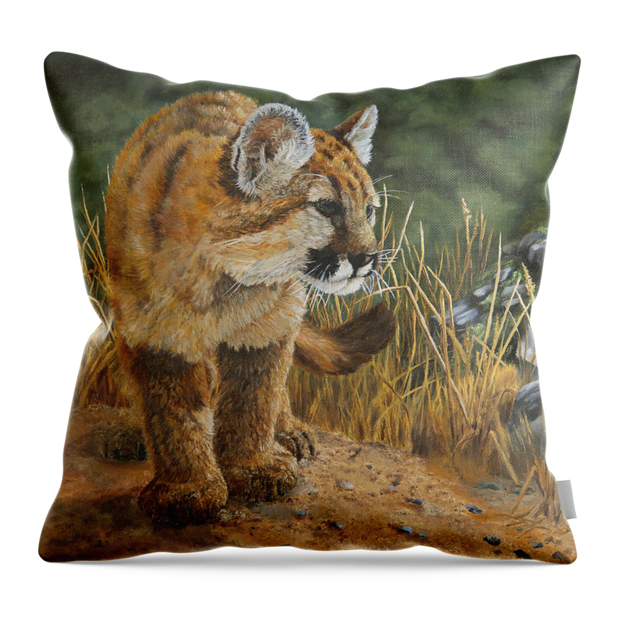 North American Wildlife Throw Pillow featuring the painting New Adventures - Cougar Cub by Johanna Lerwick