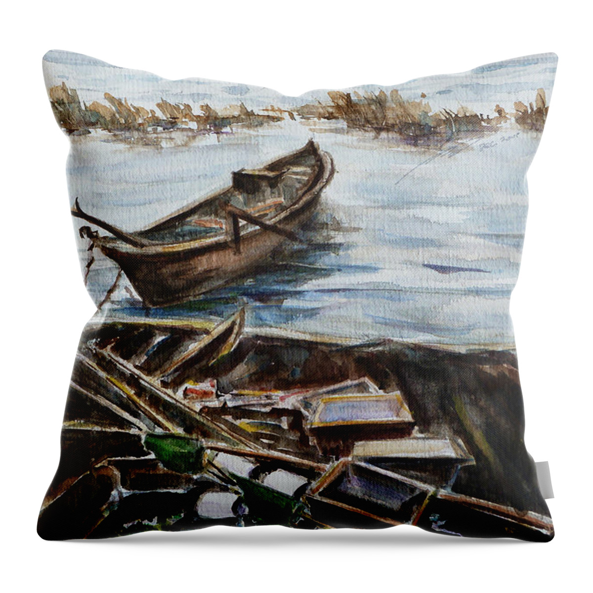 Boat Throw Pillow featuring the painting New England Wharf by Xueling Zou